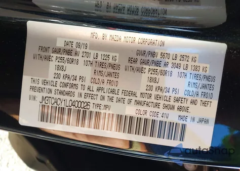 2020 Mazda Cx-9 Touring из США, поврежденный, VIN JM3TCACY1L0400026